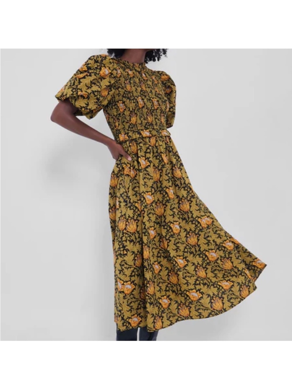 Smocked Puff-Sleeve Midi Dress in Mustard Floral